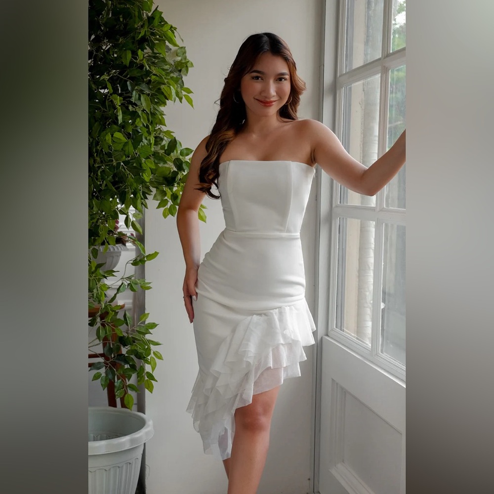 UPDATE: SOLD! white asymmetric ruffle midi dress